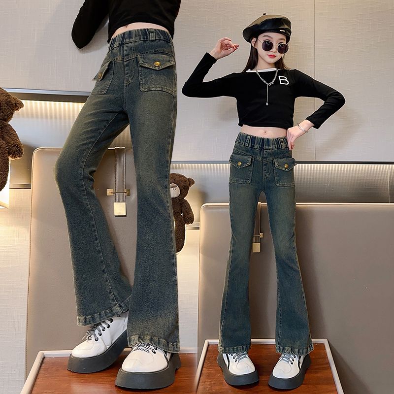 girls‘ spring clothing bell-bottom pants 2024 new spring and autumn clothing retro stretch jeans korean style fashionable girls‘ pants