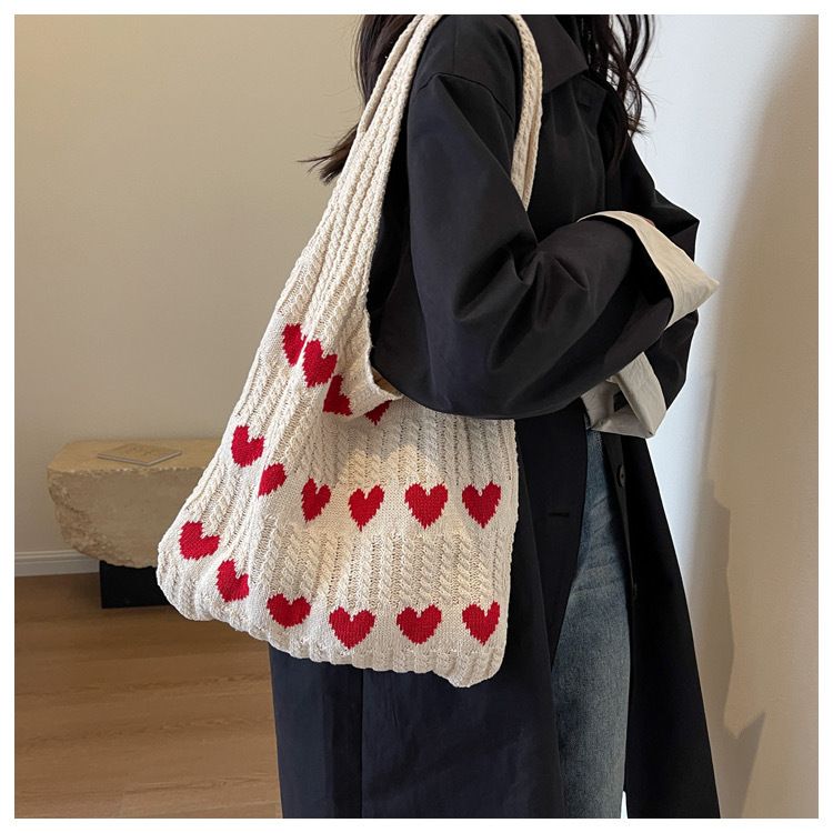 dopamine woven bag knitted woolen yarn bag love artistic one-shoulder tote handbag women‘s large capacity shopping bag