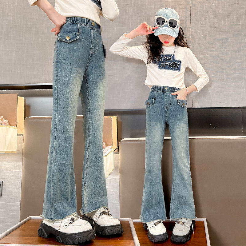 girls flared pants spring and autumn 2024 spring new stretch jeans korean fashion girls‘ pants 4-15 years old