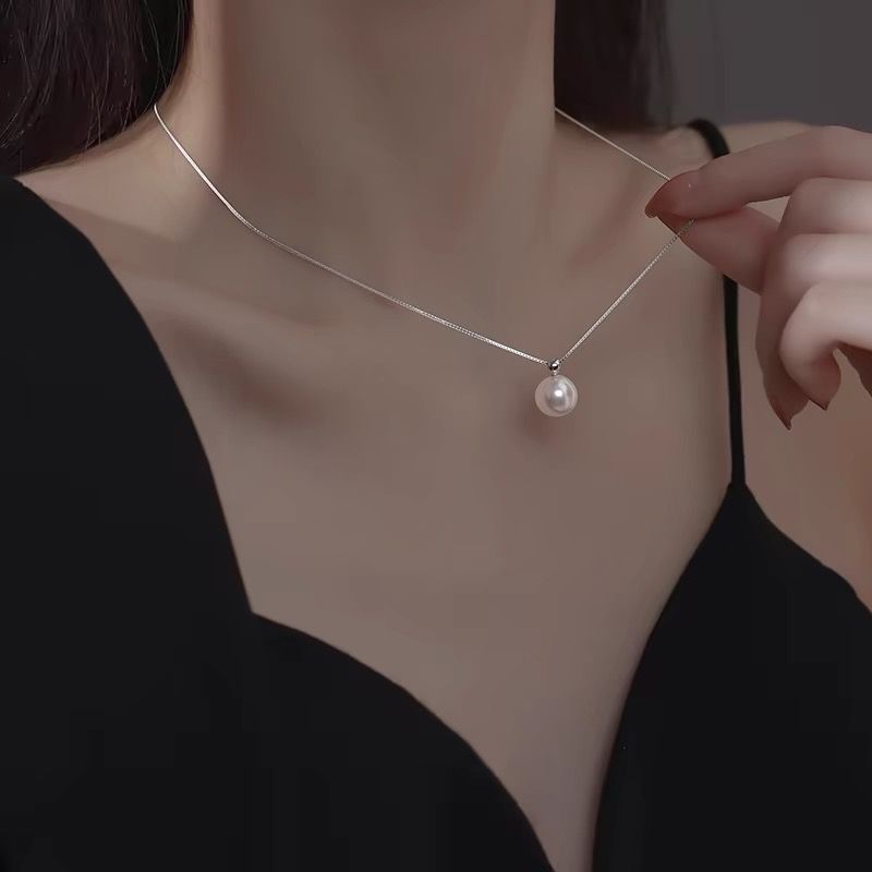 s925 sterling silver necklace women‘s single pearl pendant single pendant ins light luxury minority design high class elegant clavicle chain