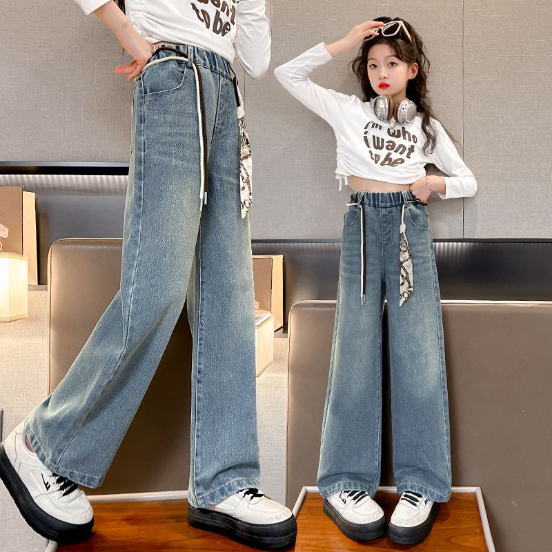 medium and large children‘s jeans 2024 spring and autumn clothing spring fashionable straight-leg pants korean style loose girls‘ wide-leg pants 4-15 years old