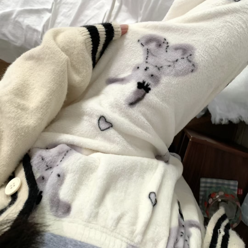 cartoon long eared rabbit flannel internet celebrity pajama pants women‘s autumn and winter coral fleece thickened warm leisure home pants