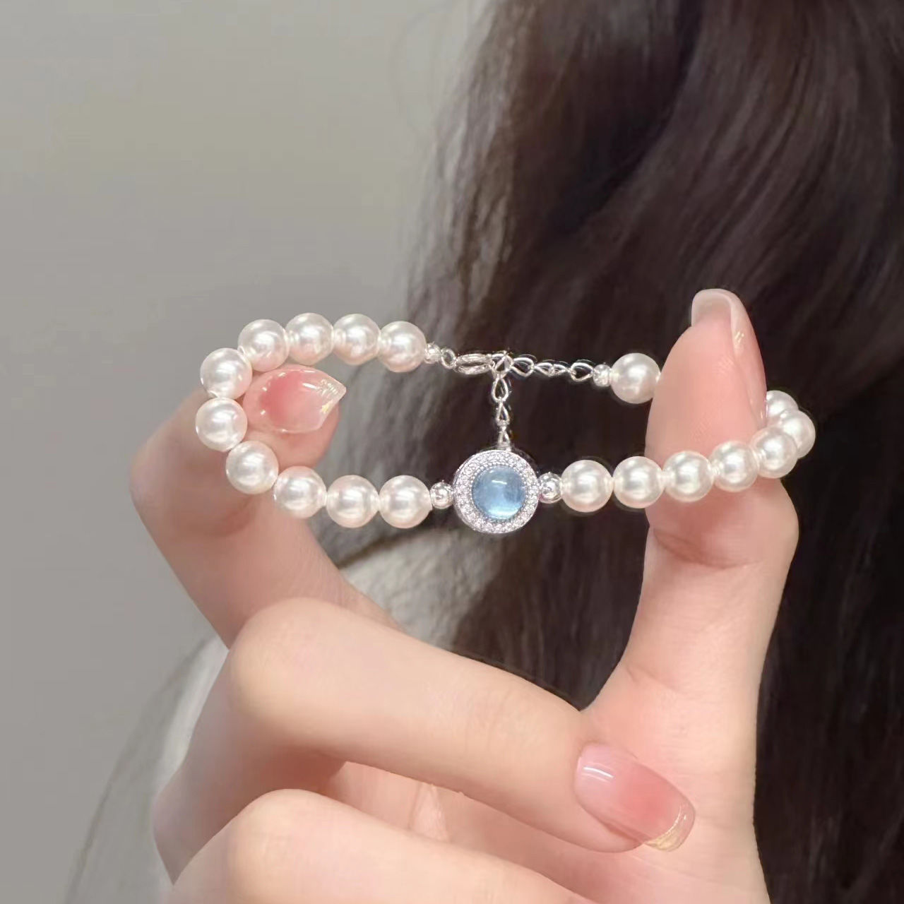 925 silver mercury imitation pearl bracelet female ins special interest light luxury high sense aquamarine bracelet gift for girlfriend