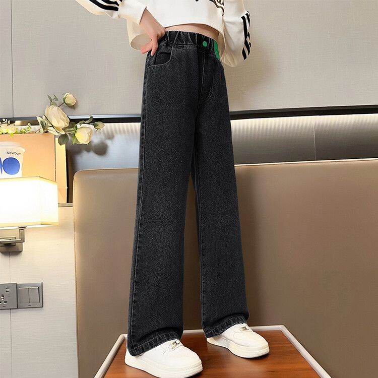 Girls' Wide-Leg Pants Spring and Autumn 2024 New Medium and rge Children's Jeans Children's Straight Pants Loose Girl's Western Style