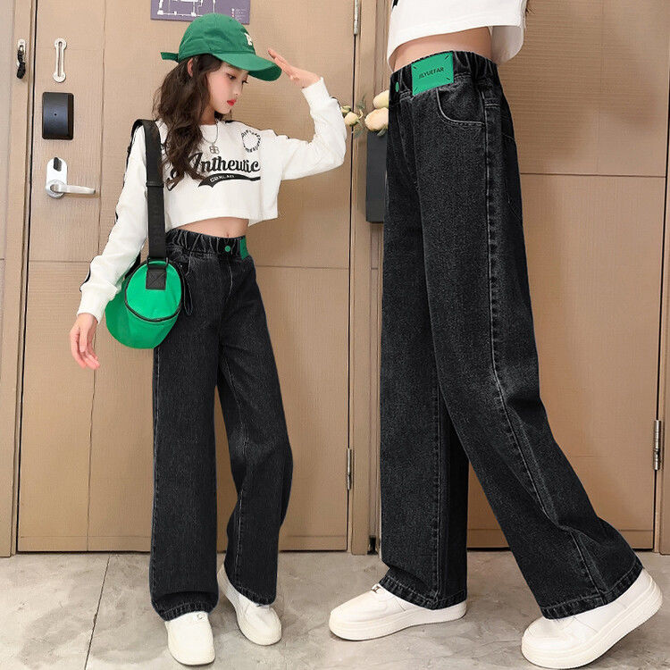 Girls' Wide-Leg Pants Spring and Autumn 2024 New Medium and rge Children's Jeans Children's Straight Pants Loose Girl's Western Style