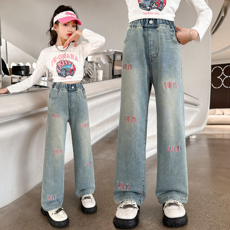 Girls' Jeans Spring and Autumn Clothing 2024 New Spring Fashionable Wide-Leg Pants Middle and Big Children Korean Style Baggy Straight Trousers Fashion