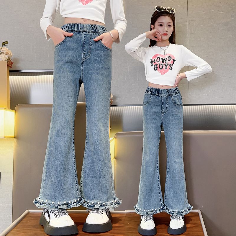 girls flared pants 2024 new spring and autumn clothing stretch jeans medium and big children korean style western style bootleg pants 4-15