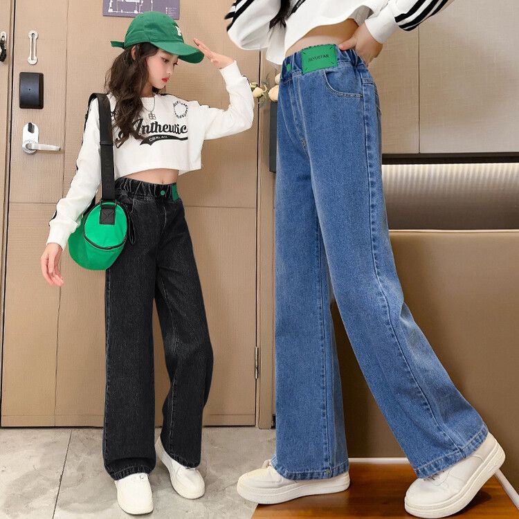 Girls' Wide-Leg Pants Spring and Autumn 2024 New Medium and rge Children's Jeans Children's Straight Pants Loose Girl's Western Style