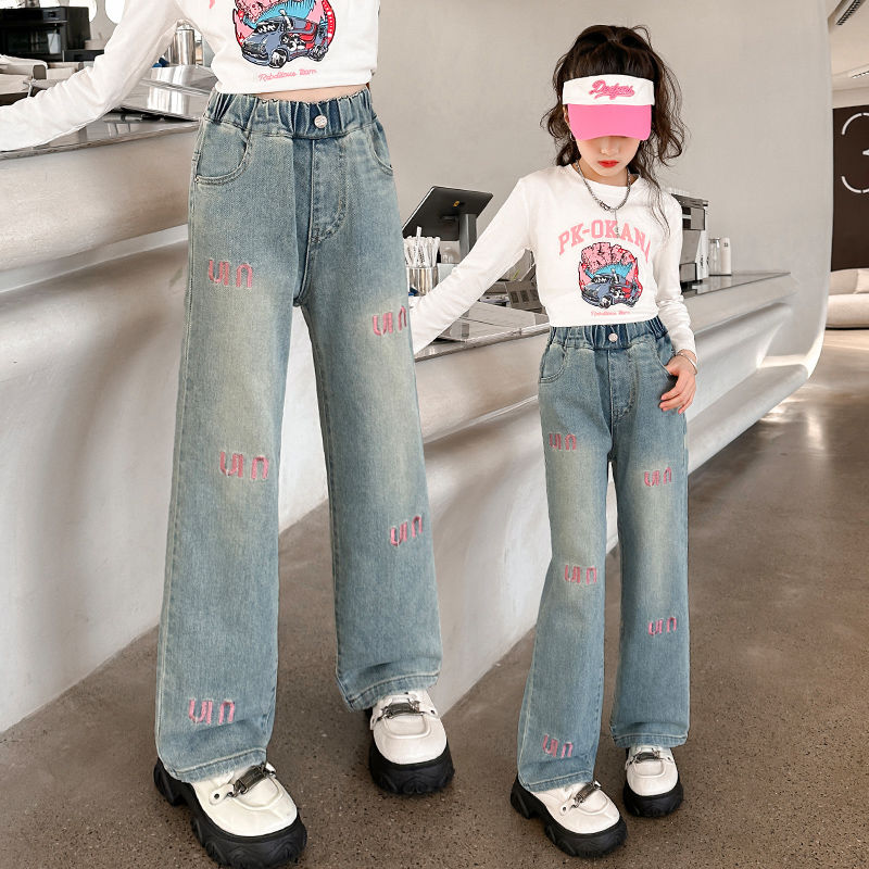 Girls' Jeans Spring and Autumn Clothing 2024 New Spring Fashionable Wide-Leg Pants Middle and Big Children Korean Style Baggy Straight Trousers Fashion