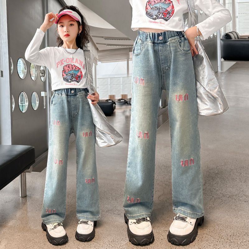 Girls' Jeans Spring and Autumn Clothing 2024 New Spring Fashionable Wide-Leg Pants Middle and Big Children Korean Style Baggy Straight Trousers Fashion