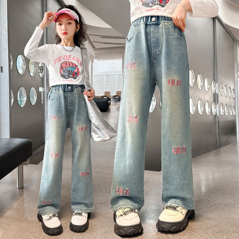 Girls' Jeans Spring and Autumn Clothing 2024 New Spring Fashionable Wide-Leg Pants Middle and Big Children Korean Style Baggy Straight Trousers Fashion