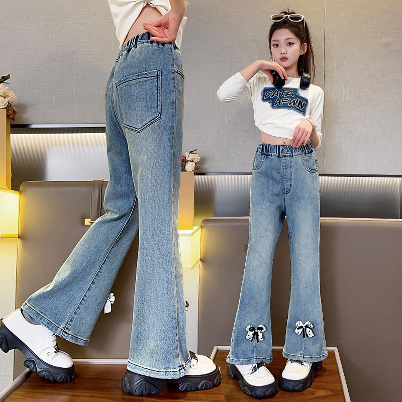 girls‘ spring clothes bell-bottom pants 2024 new spring and autumn clothing stretch jeans middle and big children trend all-match bootleg pants bell-bottom pants