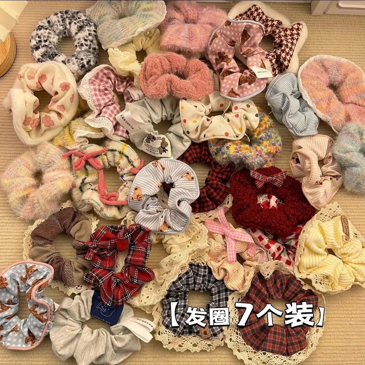 sausage ring 7 pack ~ rainbow sausage ring hair ring lace bow western style plaid floral hair rope hair rope large intestine ring