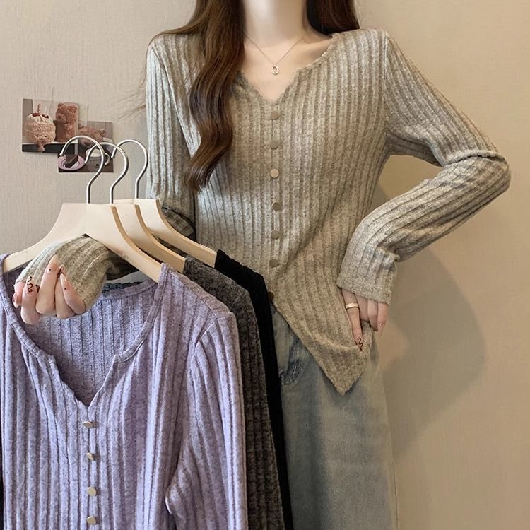 plus size women‘s clothing spring and autumn thin long sleeve slimming slim fit belly covering knitted solid color and v-neck design bottoming shirt top