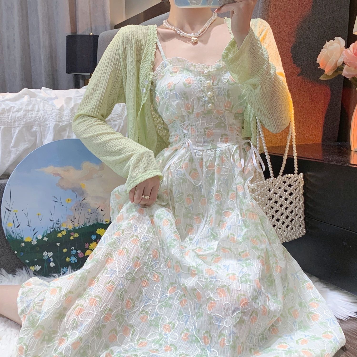 summer women‘s high-grade french first love gentle strap floral dress two-piece set super fairy skirt suit