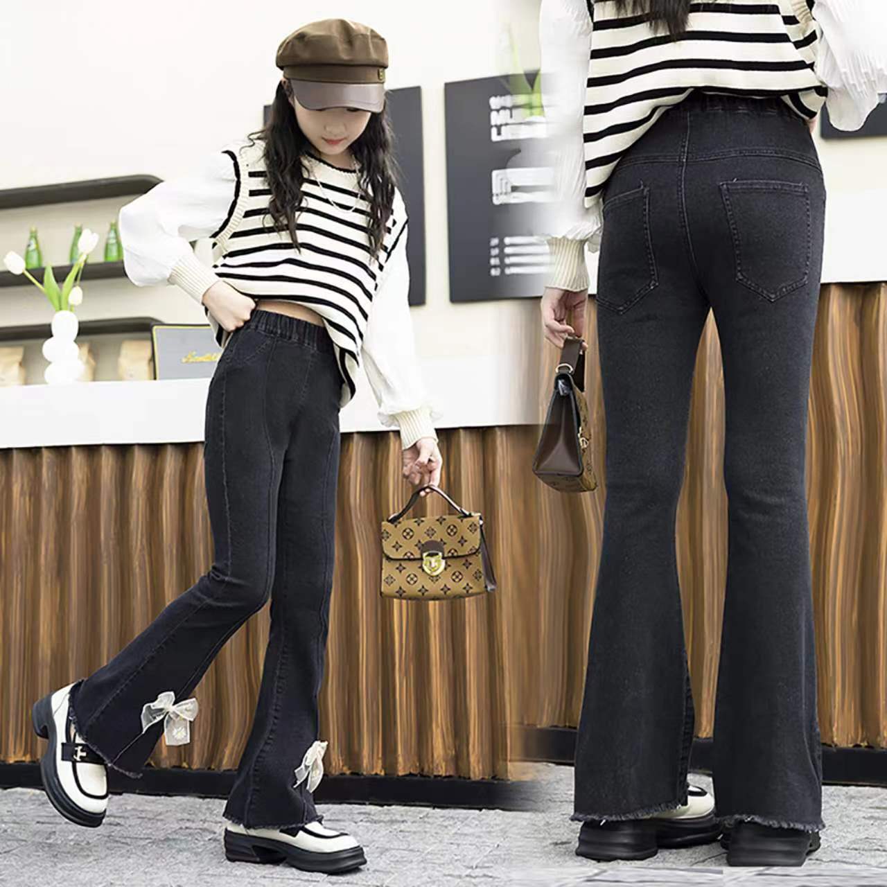 Girls' Pants Spring and Autumn Jeans Loose Mid Waist Children's Bell-Bottom Pants Fashion Children's Pants Students Slimming