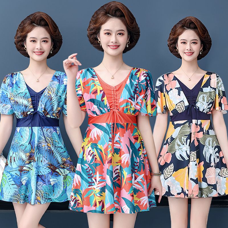 new swimwear mother style conservative split loose tummy hiding slimming high-end swimsuit women‘s 40 to 60 years old