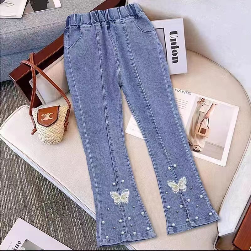 girls‘ denim bell-bottom pants 2024 new children‘s clothing spring and autumn medium and big children‘s stretch pants fashionable girl trousers