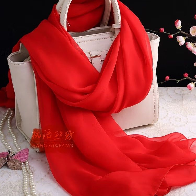 bright red women‘s hangzhou mulberry silk silk scarf shawl long thin scarf spring， autumn and winter high-end mother