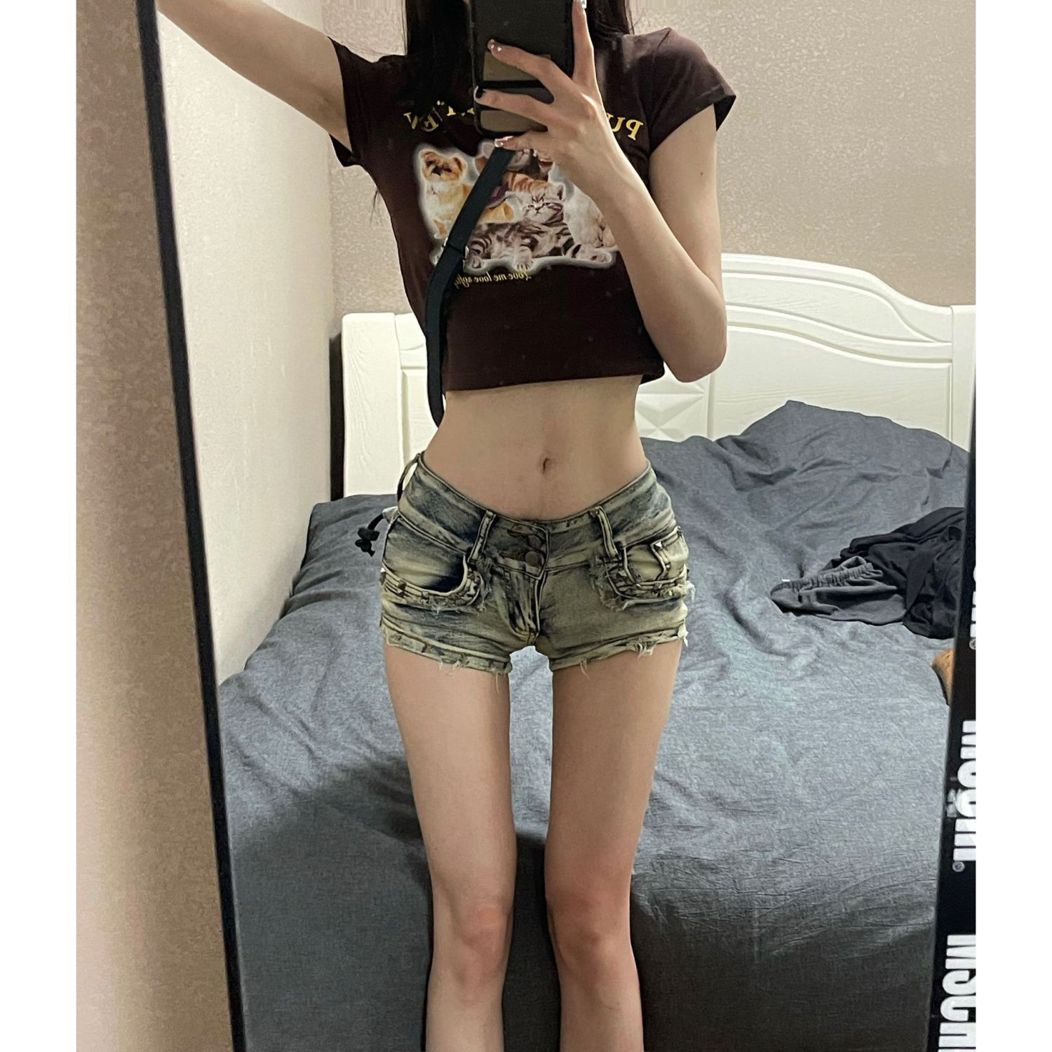 american hot girl liu ding low waist denim super short shorts women‘s spring and summer new slim slimming sheath wide leg hot pants fashion