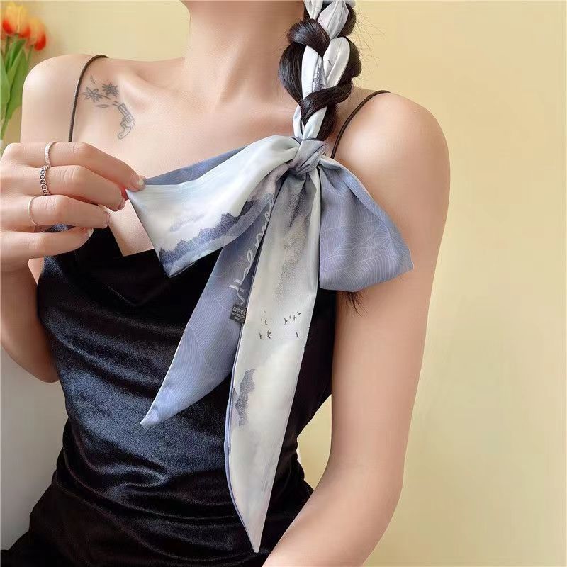 retro french bow tie hair oil painting silk scarf hair band female tie scarf long ribbon korean style all-match spring and autumn