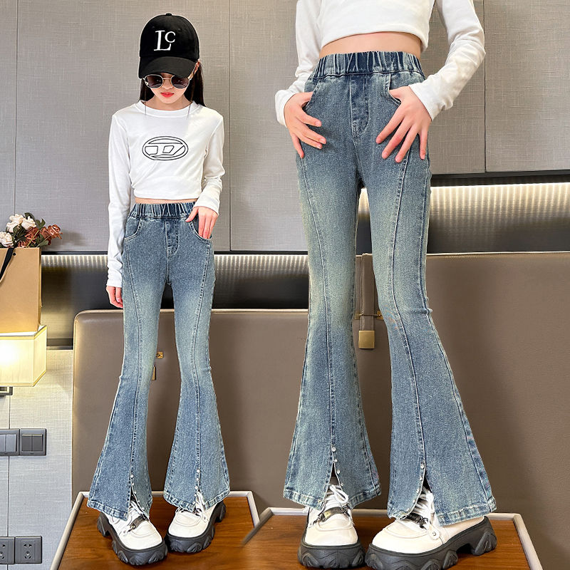 Girls Fred Pants Spring and Autumn New 2024 Spring Stretch Slit Jeans Korean Fashion Women Teens Pants