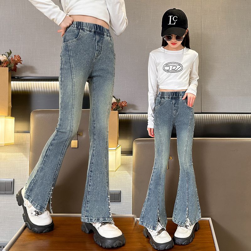 Girls Fred Pants Spring and Autumn New 2024 Spring Stretch Slit Jeans Korean Fashion Women Teens Pants