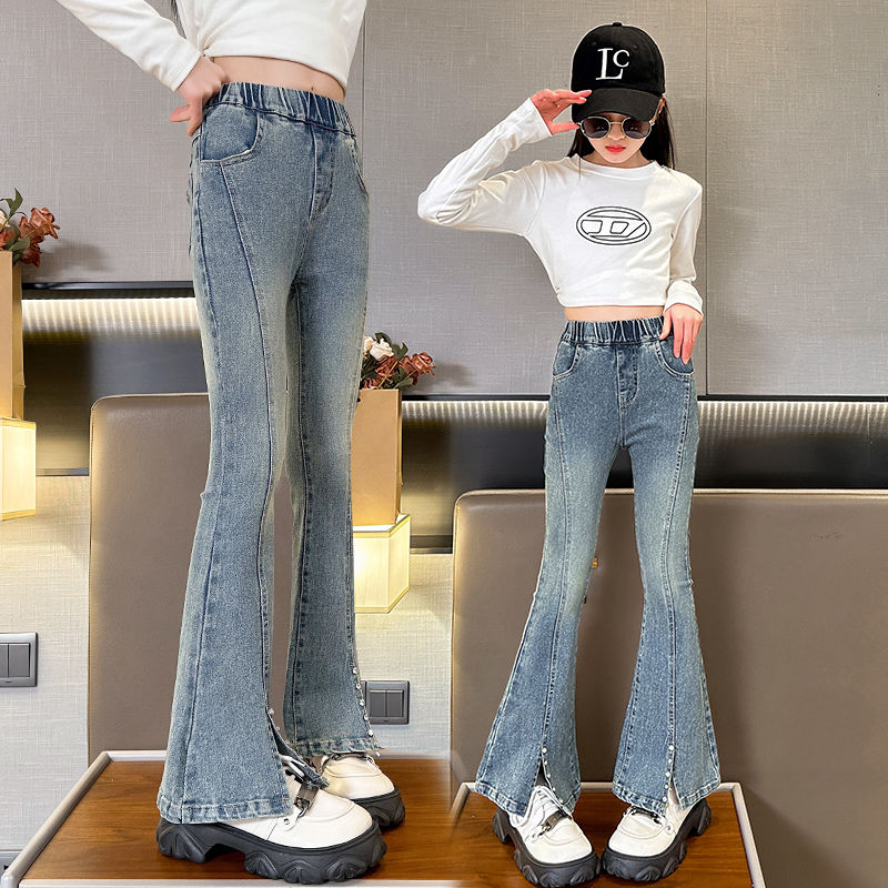 Girls Fred Pants Spring and Autumn New 2024 Spring Stretch Slit Jeans Korean Fashion Women Teens Pants