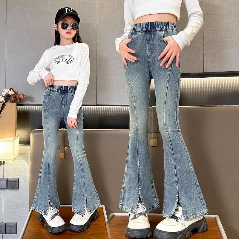 Girls Fred Pants Spring and Autumn New 2024 Spring Stretch Slit Jeans Korean Fashion Women Teens Pants