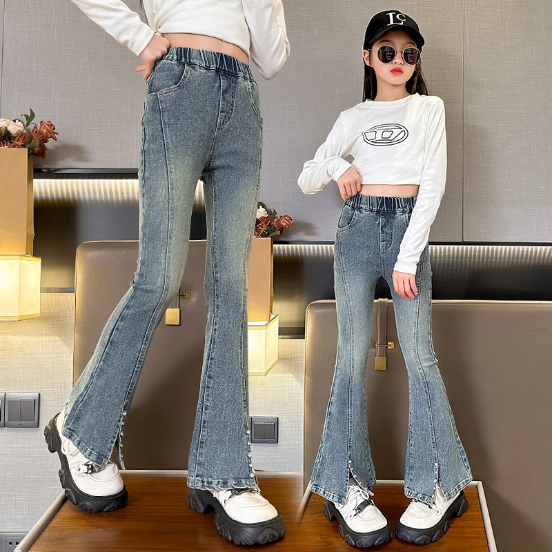 Girls Fred Pants Spring and Autumn New 2024 Spring Stretch Slit Jeans Korean Fashion Women Teens Pants