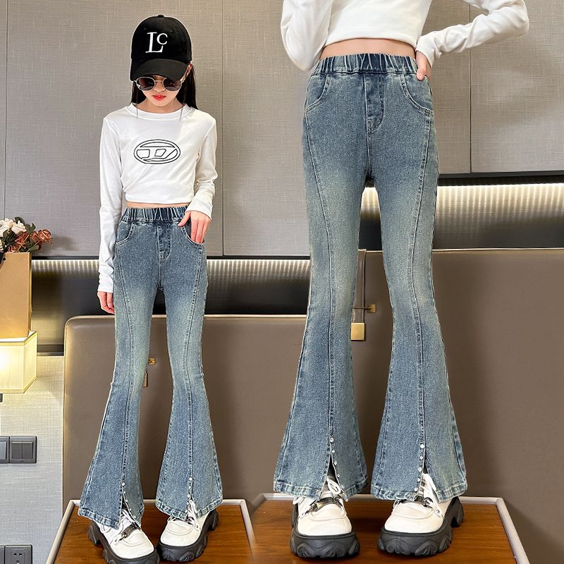 Girls Fred Pants Spring and Autumn New 2024 Spring Stretch Slit Jeans Korean Fashion Women Teens Pants