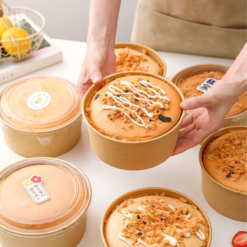 disposable internet celebrity kraft paper round box with lid rectangular paper bowl lunch box food sealing stickers thickened box with lid