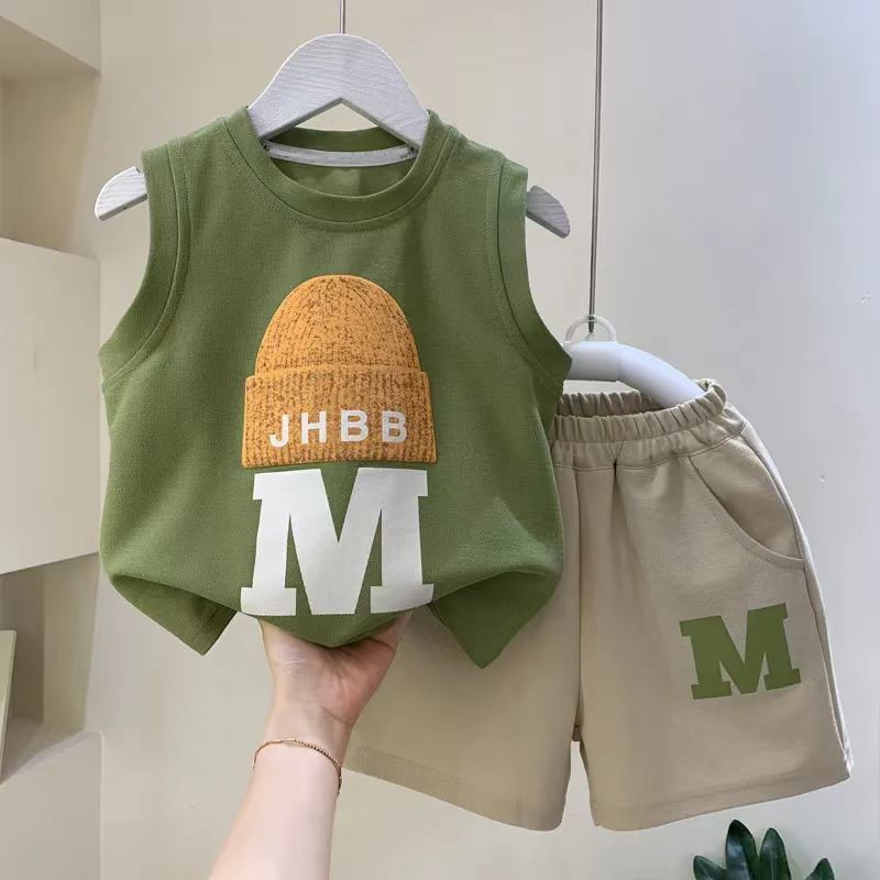 children‘s cotton vest suit 2024 summer baby sleeveless clothes children‘s clothing middle and big children fashionable sports two-piece set