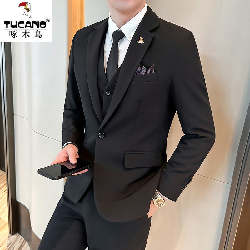 [woodpecker] advanced suit full set men‘s solid color slim fit slim and handsome small suit bridegroom dress