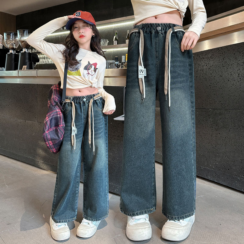 girls‘ jeans spring-autumn wide-leg pants 2024 new girls loose western style all-match medium and big children‘s trousers fashion