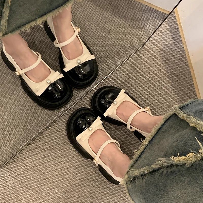 small leather shoes for women summer 2024 new all-match french thick-soled chunky heel round toe dress japanese mary jane single-layer shoes