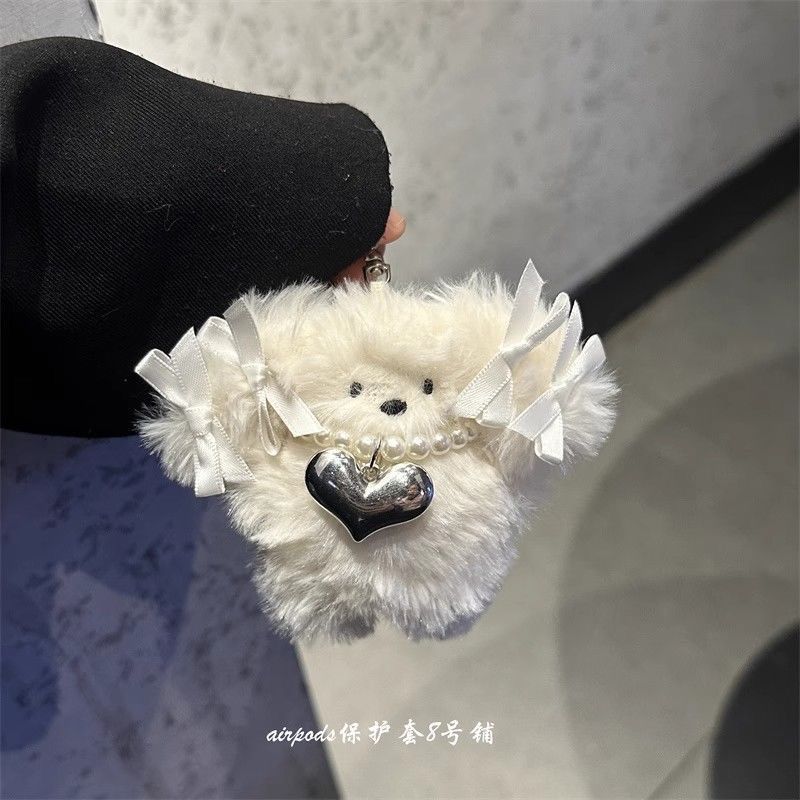 cute plush korean style ins girl ribbon pearl cartoon puppy doll hanging ornament earphone keychain pendant