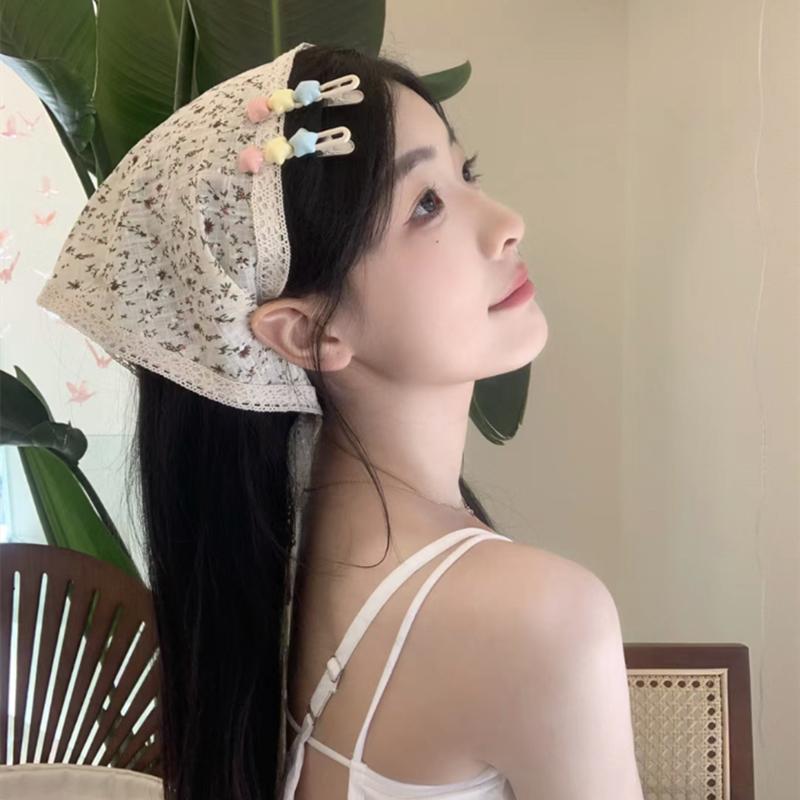 high-grade all-match triangle shawl floral tied hair scarf shawl ce stitching korean style hair band silk scarf for women