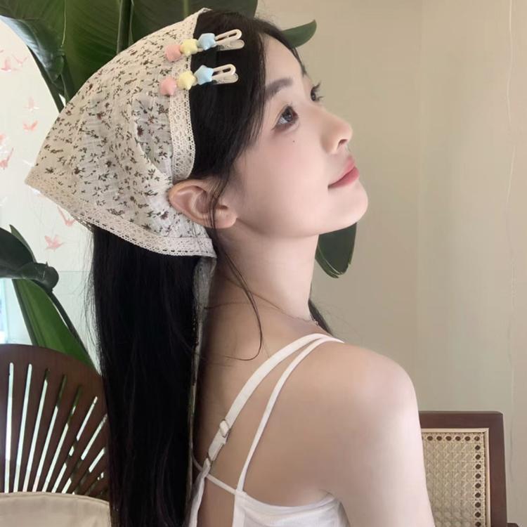 high-grade all-match triangle shawl floral tied hair scarf shawl ce stitching korean style hair band silk scarf for women