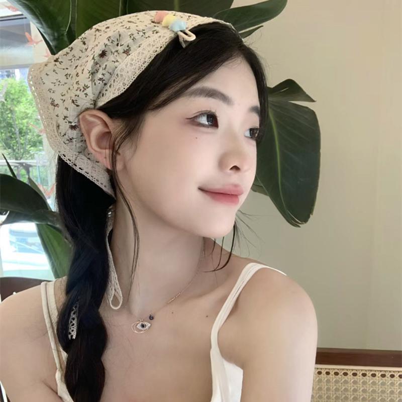 high-grade all-match triangle shawl floral tied hair scarf shawl ce stitching korean style hair band silk scarf for women