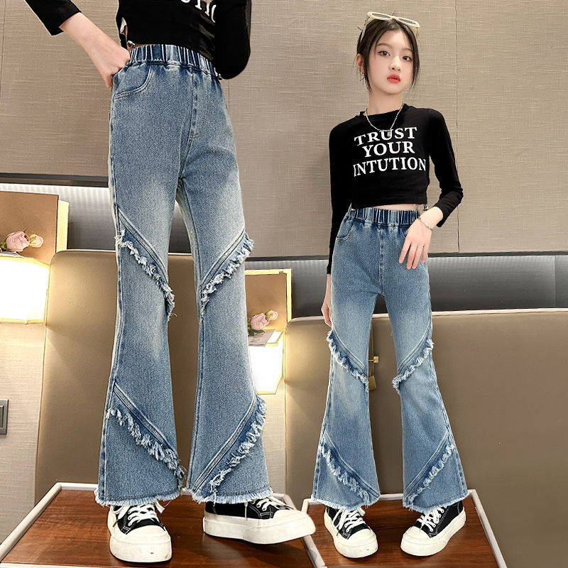 girls flared pants 2024 new spring and autumn clothing stretch jeans medium and big children stitching edging casual pants children‘s clothing