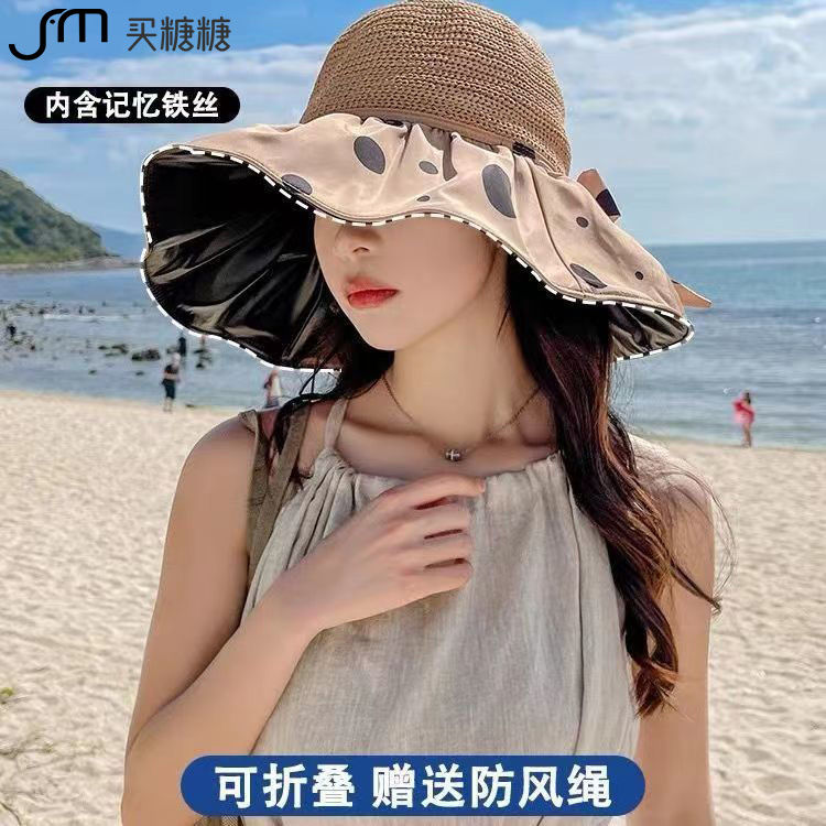 summer black rubber bow sun protection sun hat female spring hat uv protection big brim face-covering sun bucket hat