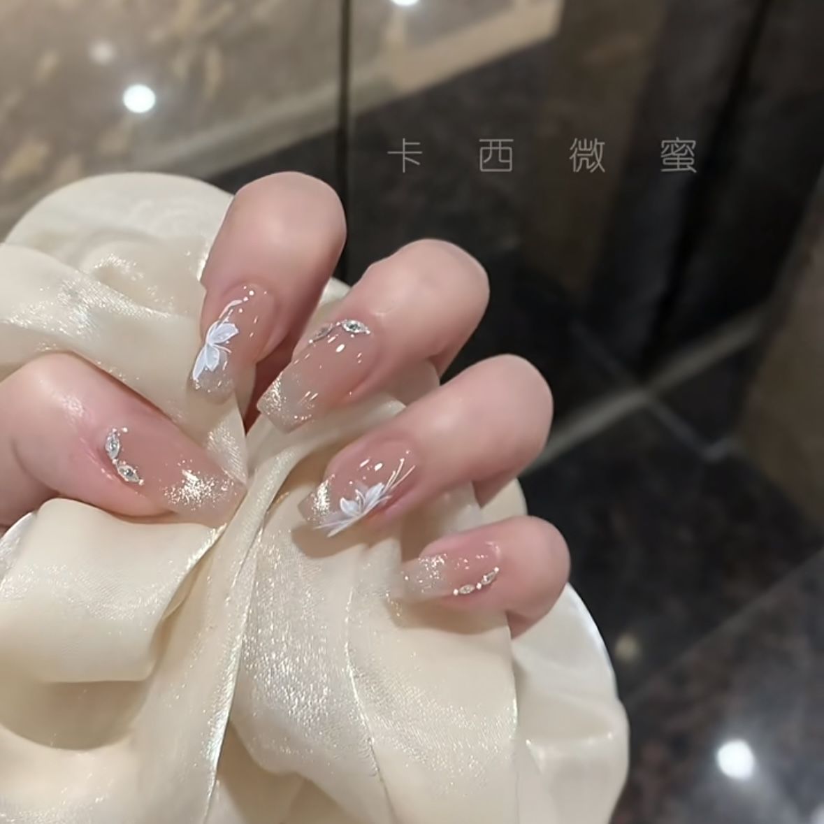 gentle graceful nude color nail stickers french  eye flower rhinestone handmade manicure wear nail suit