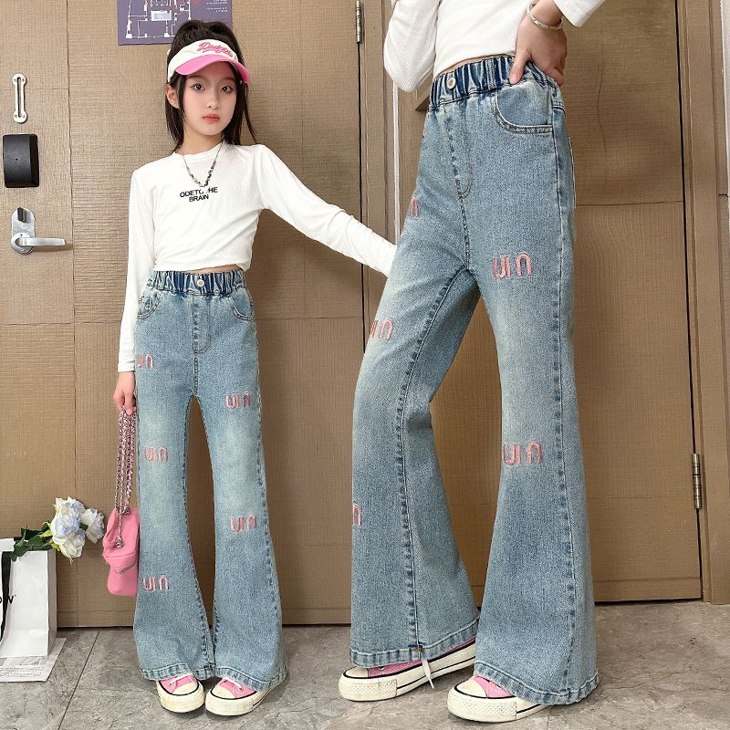 Girls' Spring and Autumn Clothing Fred Trousers 2024 New Embroidered Fashion Jeans Medium and Big Children Korean Slim Fit Bell-Bottom Pants