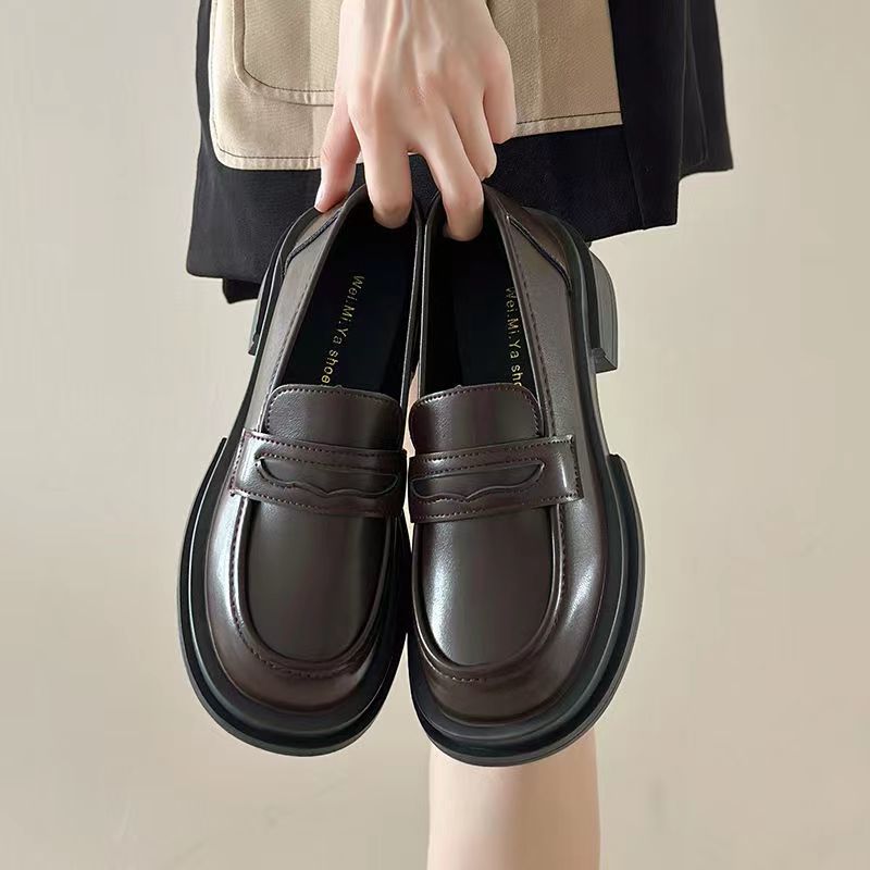 yuechen loafers thick-soled black british style small leather shoes 2024 new autumn slip-on work flat pumps