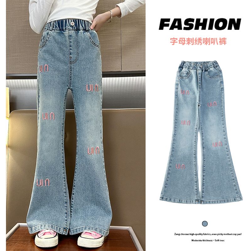 Girls' Spring and Autumn Clothing Fred Trousers 2024 New Embroidered Fashion Jeans Medium and Big Children Korean Slim Fit Bell-Bottom Pants