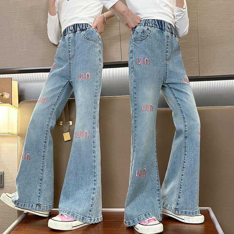 Girls' Spring and Autumn Clothing Fred Trousers 2024 New Embroidered Fashion Jeans Medium and Big Children Korean Slim Fit Bell-Bottom Pants