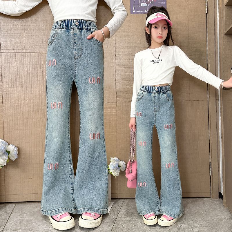 Girls' Spring and Autumn Clothing Fred Trousers 2024 New Embroidered Fashion Jeans Medium and Big Children Korean Slim Fit Bell-Bottom Pants