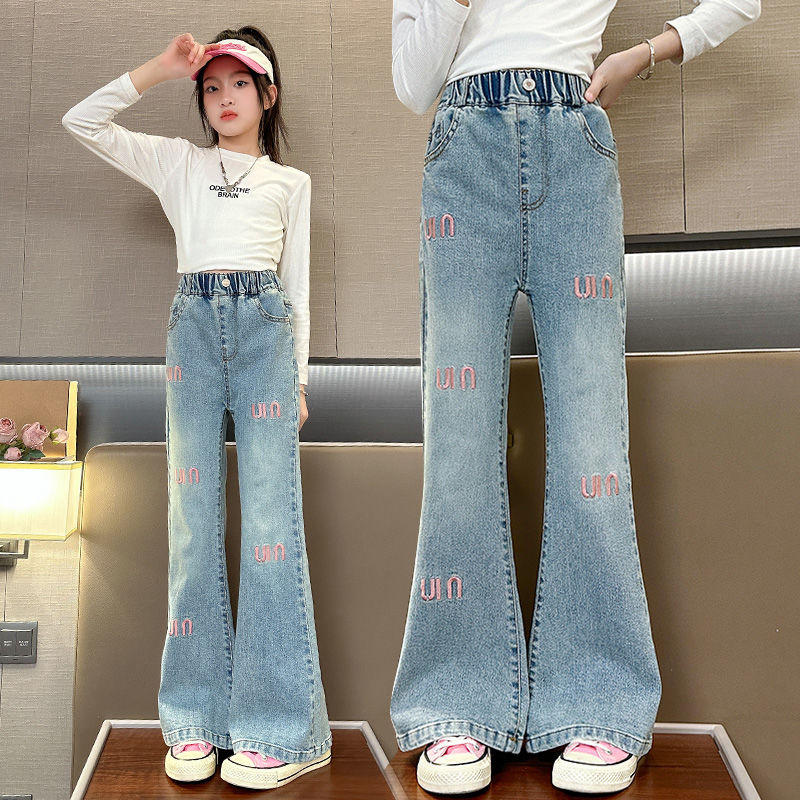 Girls' Spring and Autumn Clothing Fred Trousers 2024 New Embroidered Fashion Jeans Medium and Big Children Korean Slim Fit Bell-Bottom Pants