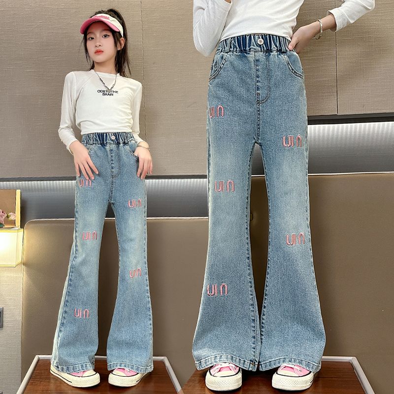 Girls' Spring and Autumn Clothing Fred Trousers 2024 New Embroidered Fashion Jeans Medium and Big Children Korean Slim Fit Bell-Bottom Pants